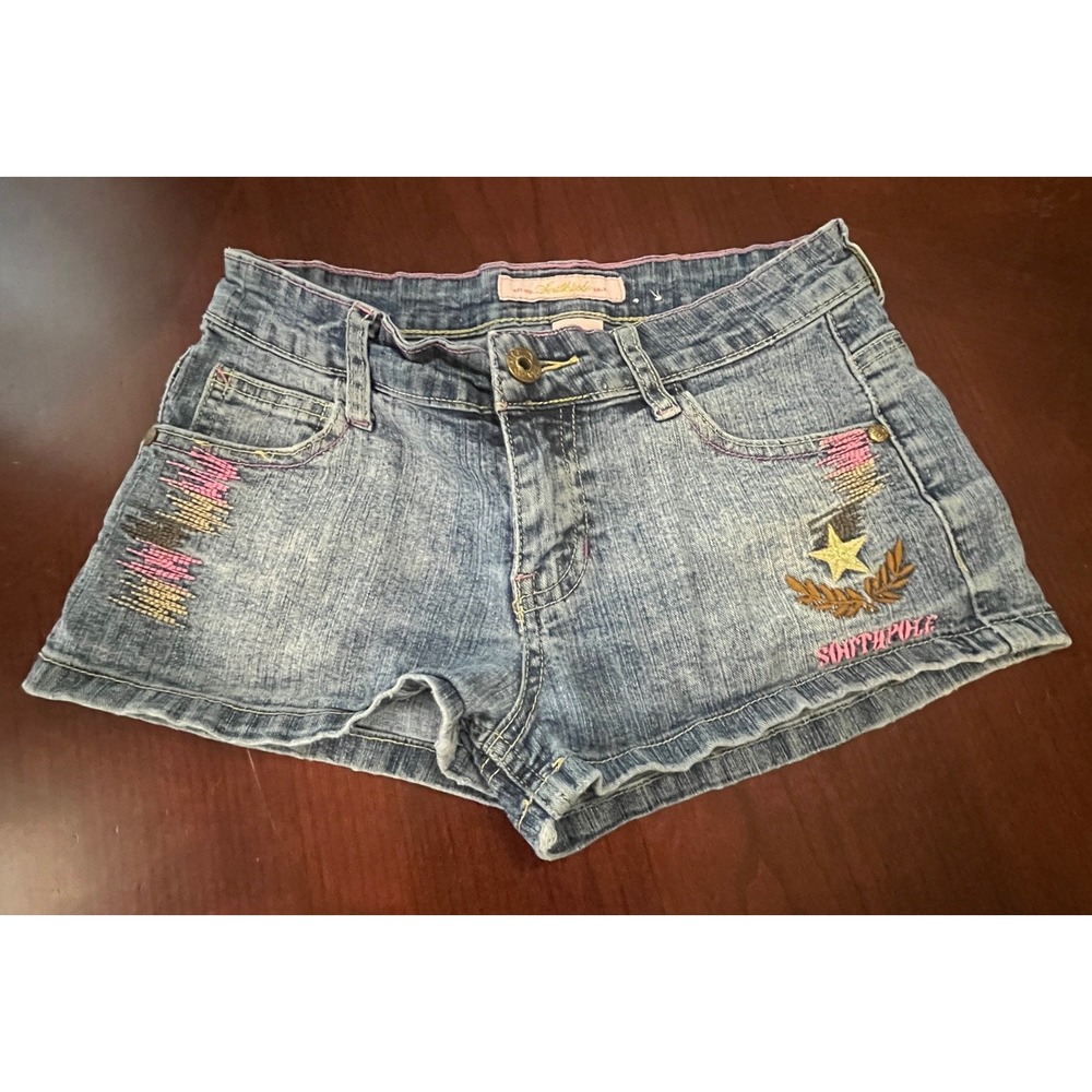 Southpole Girl Blue Denim Shorts Size 10 Embroidered Star Low Rise Y2K Style EUC